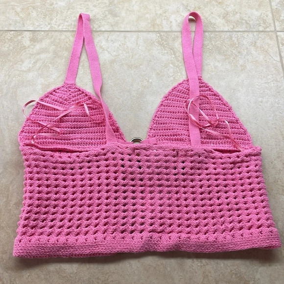 Urban Outfitters Women Open Front Crochet Cropped Top Sweater Pink Rose Size XS - Picture 3 of 7